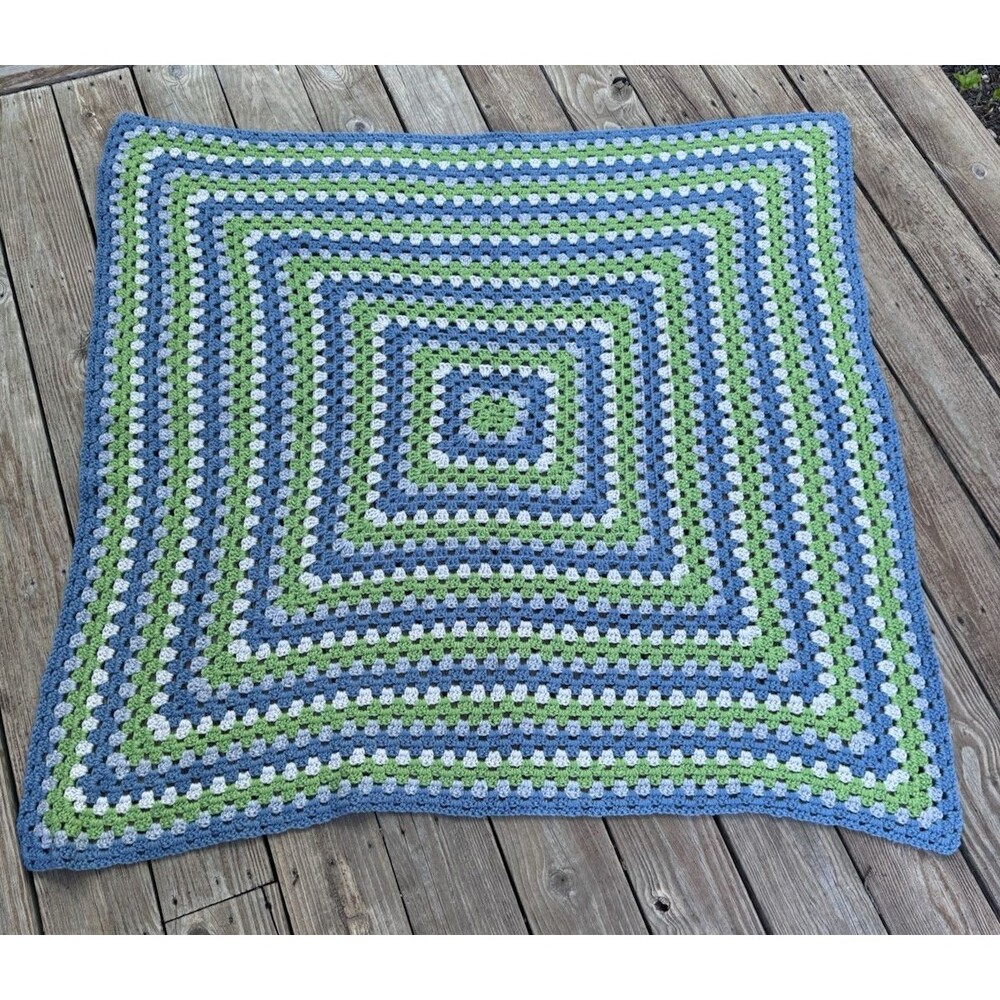 Vintage Handmade Crochet Afghan Granny Square Blanket 47X 46” Gray Blue Green
